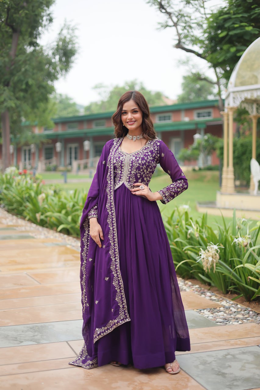 Premium Faux Blooming Embroidered Gown With Dupatta
