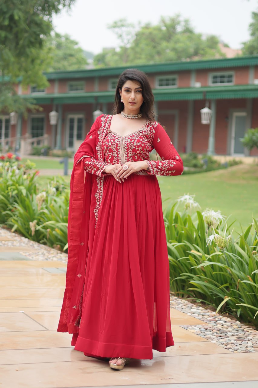 Premium Faux Blooming Embroidered Gown With Dupatta