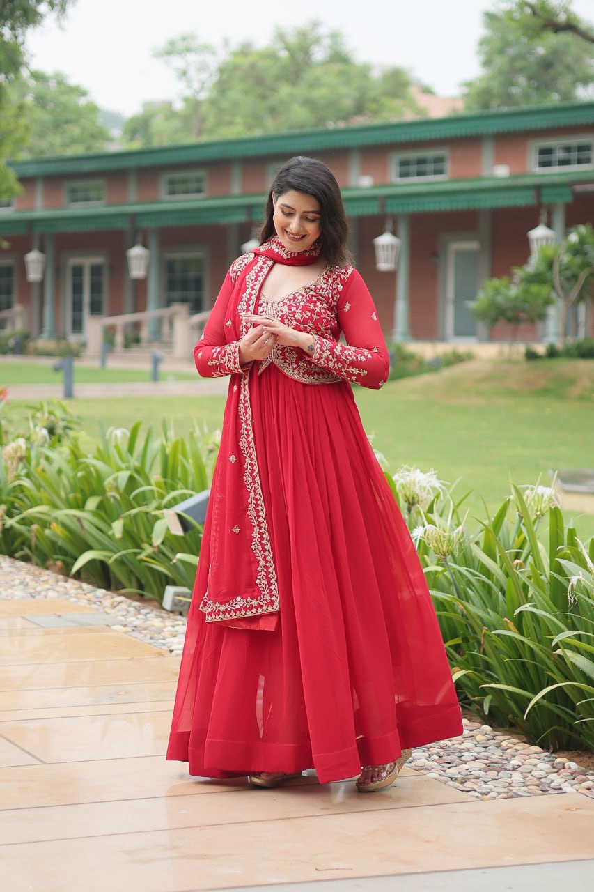 Premium Faux Blooming Embroidered Gown With Dupatta