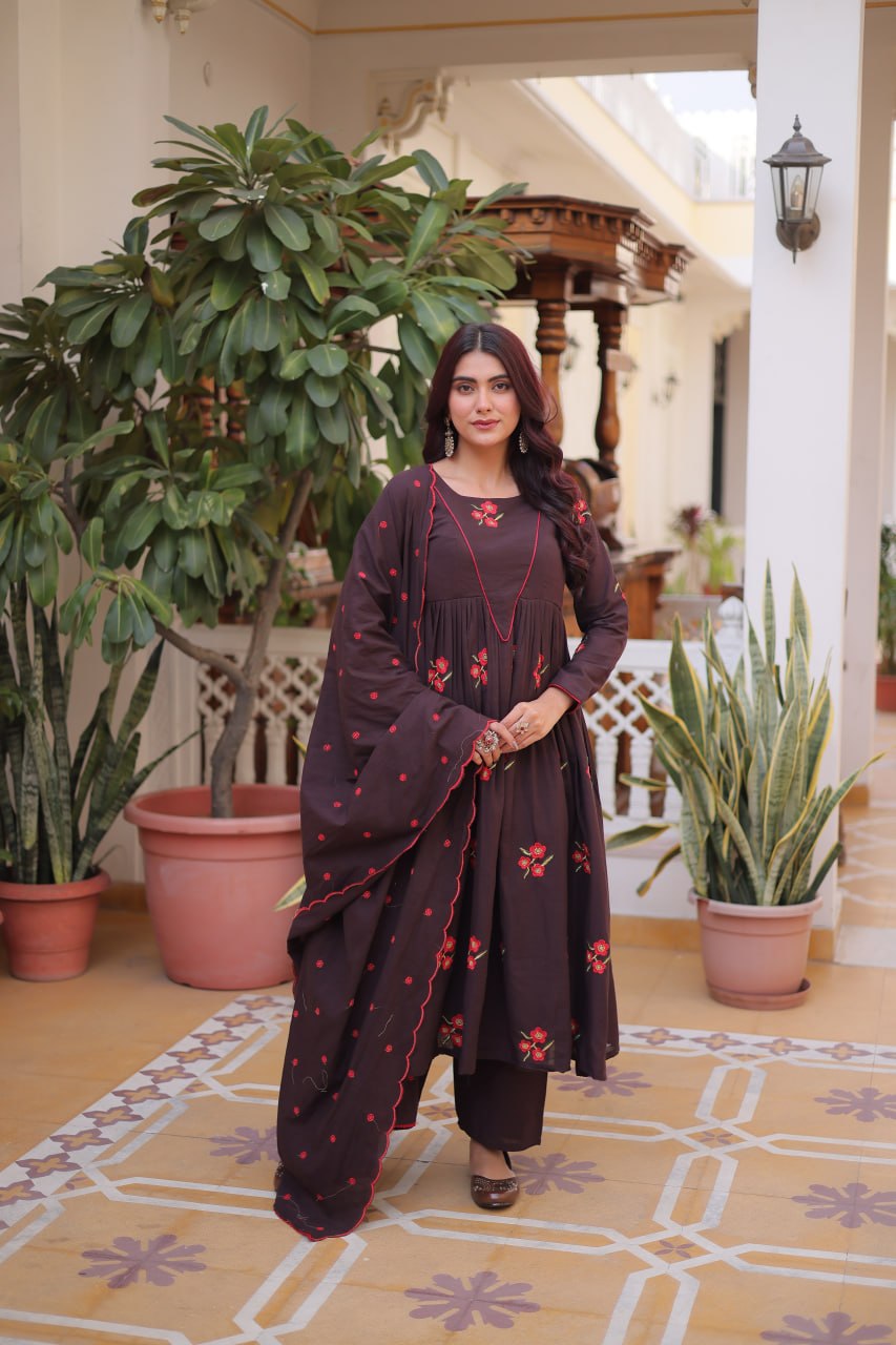 Premium Cotton Embroidered Kurti Pant Dupatta Set