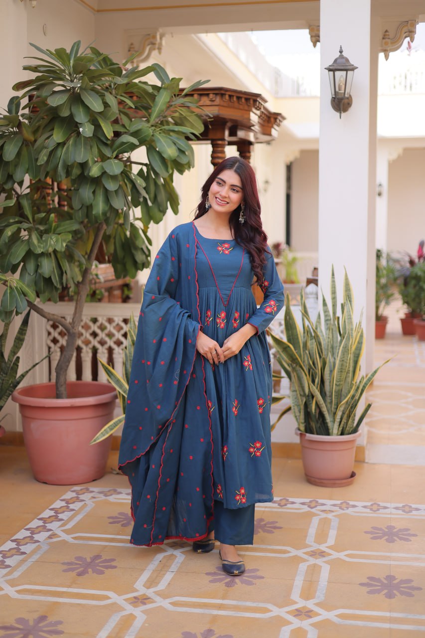 Premium Cotton Embroidered Kurti Pant Dupatta Set