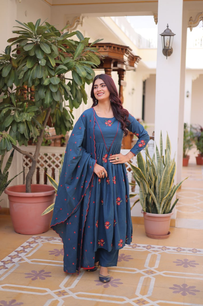 Premium Cotton Embroidered Kurti Pant Dupatta Set