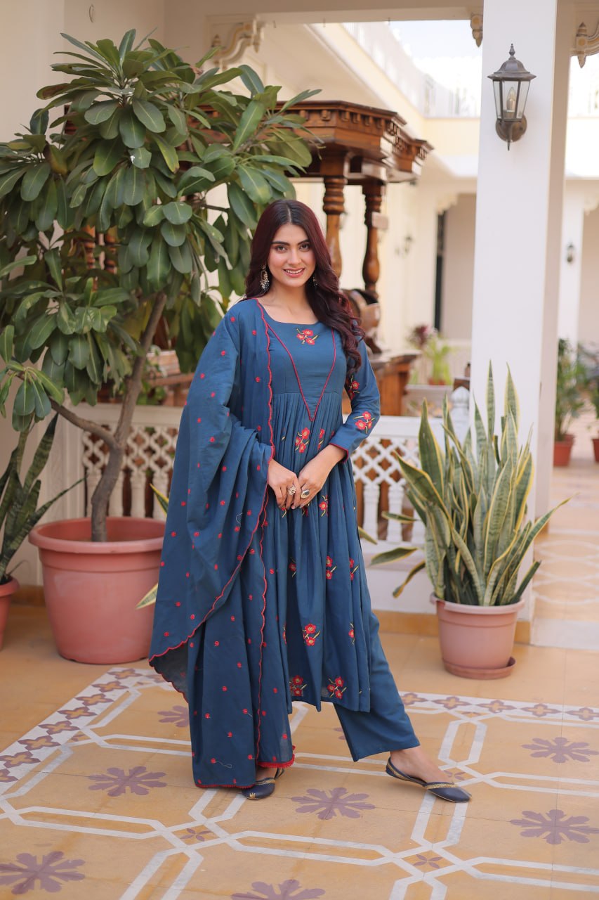 Premium Cotton Embroidered Kurti Pant Dupatta Set