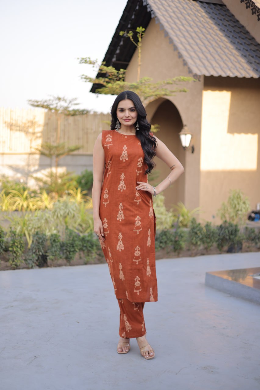 Premium Printed Cotton Kurti With Pant Set