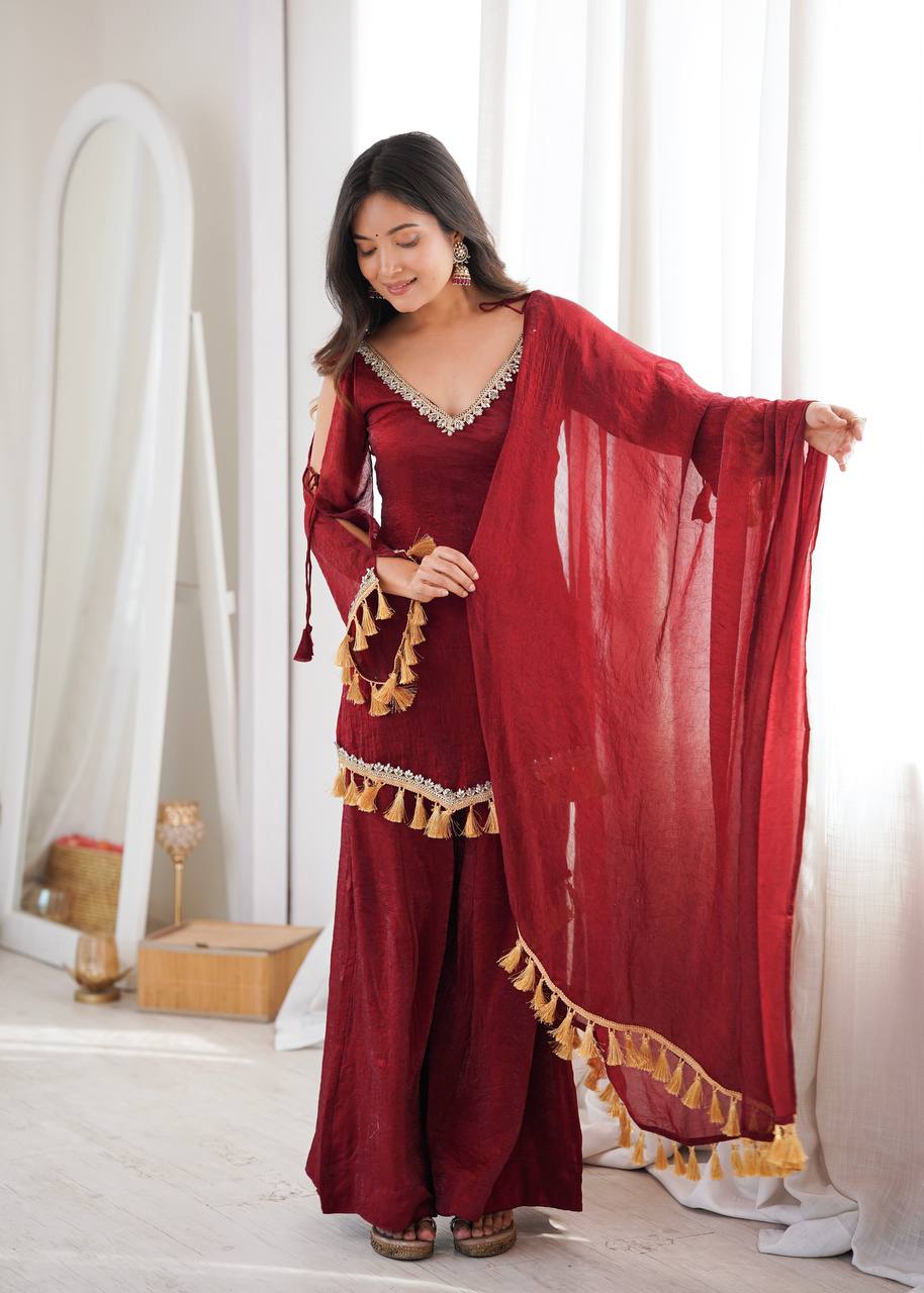 Doremon Crush Mirror Work Palazzo Suit Set with Tassel Dupatta