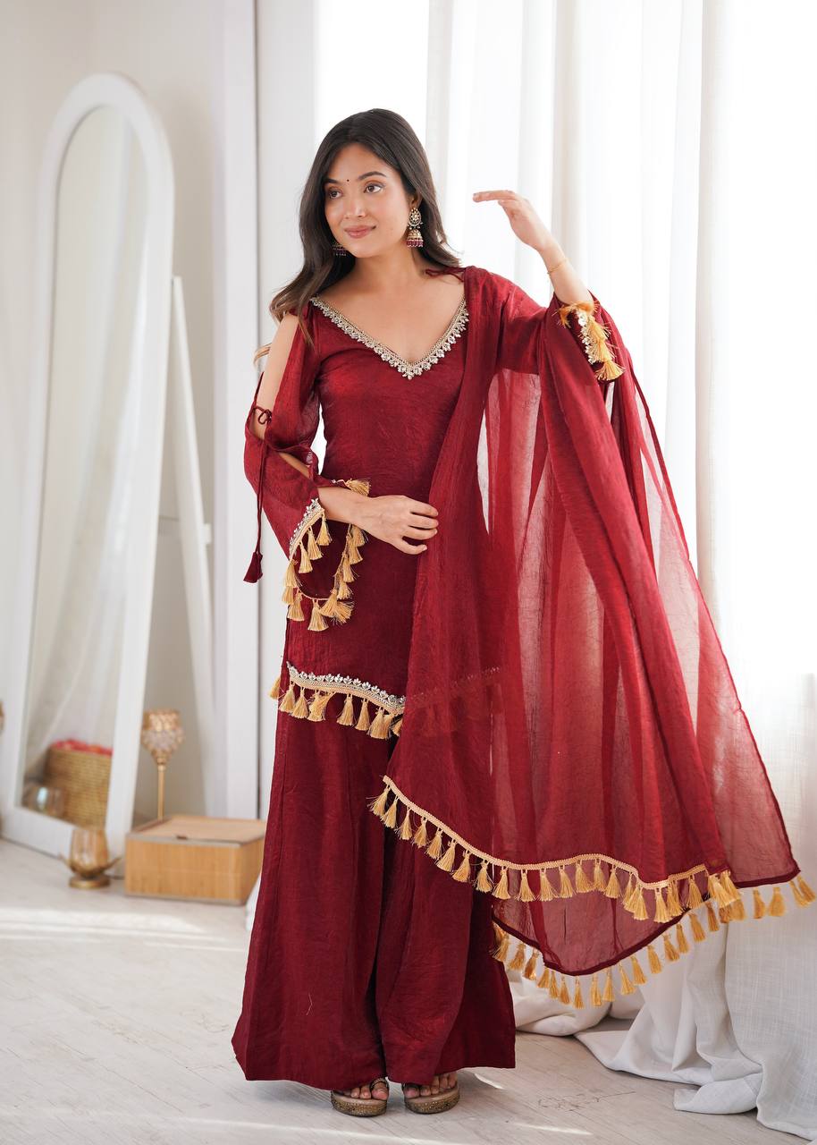 Doremon Crush Mirror Work Palazzo Suit Set with Tassel Dupatta