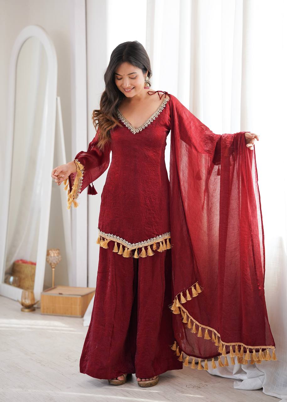 Doremon Crush Mirror Work Palazzo Suit Set with Tassel Dupatta