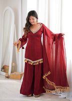 Doremon Crush Mirror Work Palazzo Suit Set with Tassel Dupatta