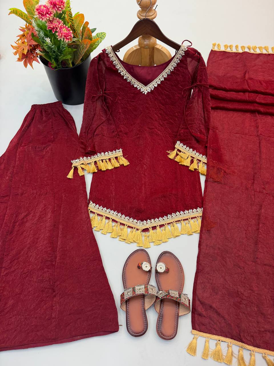 Doremon Crush Mirror Work Palazzo Suit Set with Tassel Dupatta