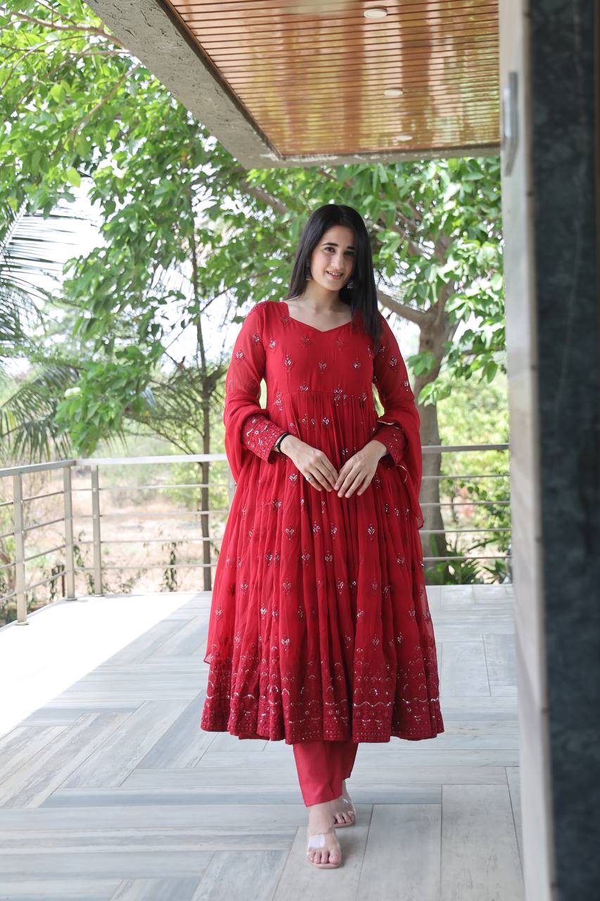 Maroon Georgette Sequins Embroidered Anarkali Suit Set with Dupatta