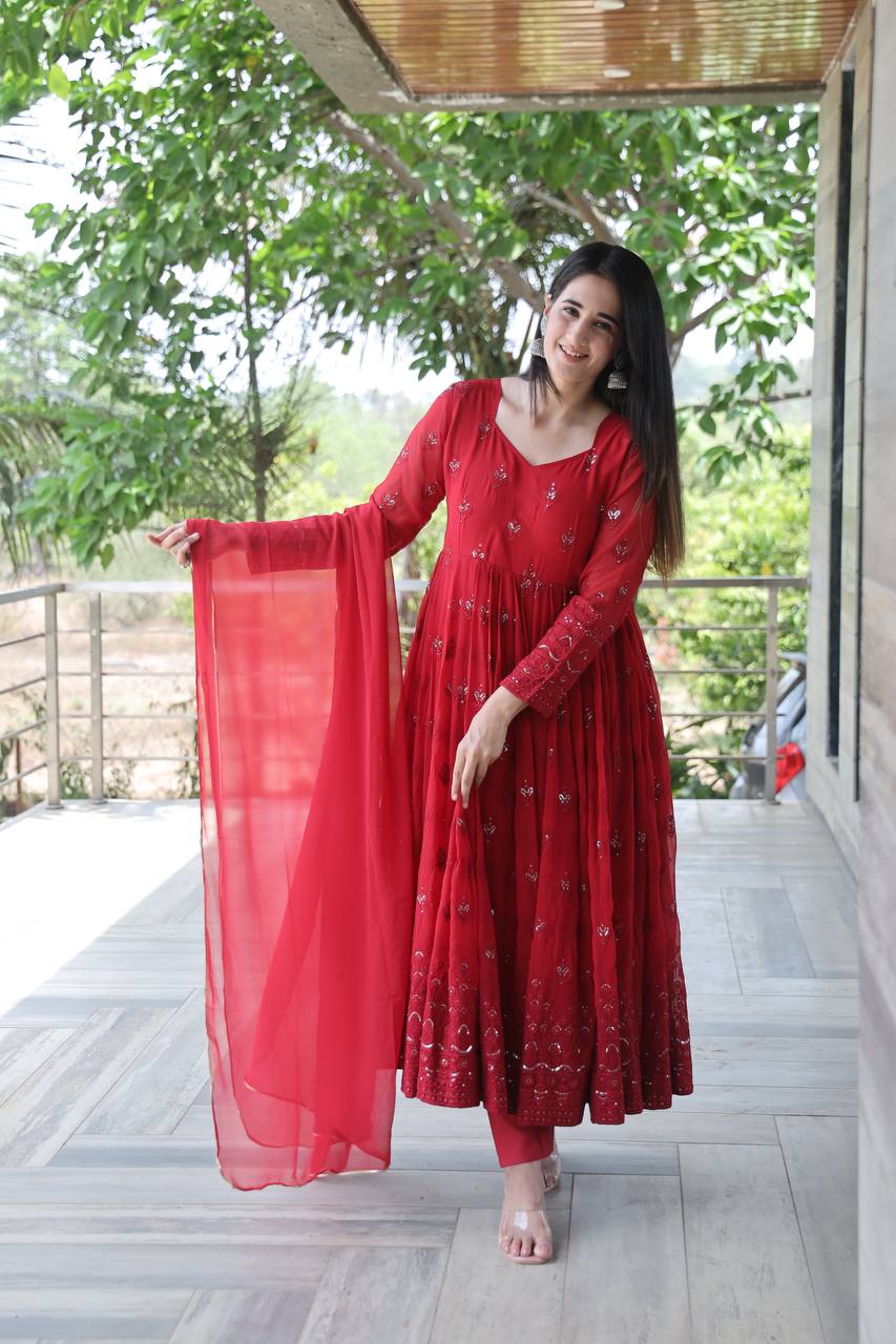 Maroon Georgette Sequins Embroidered Anarkali Suit Set with Dupatta