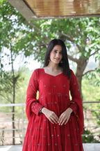Maroon Georgette Sequins Embroidered Anarkali Suit Set with Dupatta