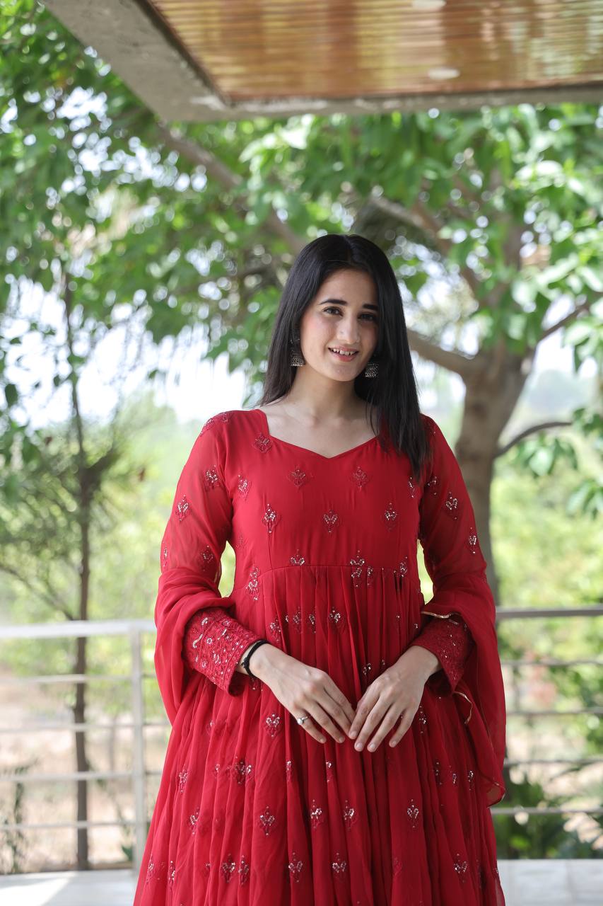 Maroon Georgette Sequins Embroidered Anarkali Suit Set with Dupatta