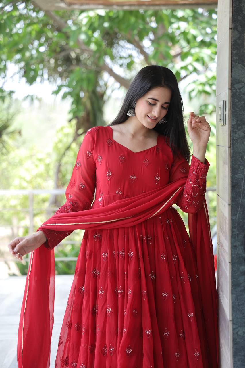 Maroon Georgette Sequins Embroidered Anarkali Suit Set with Dupatta