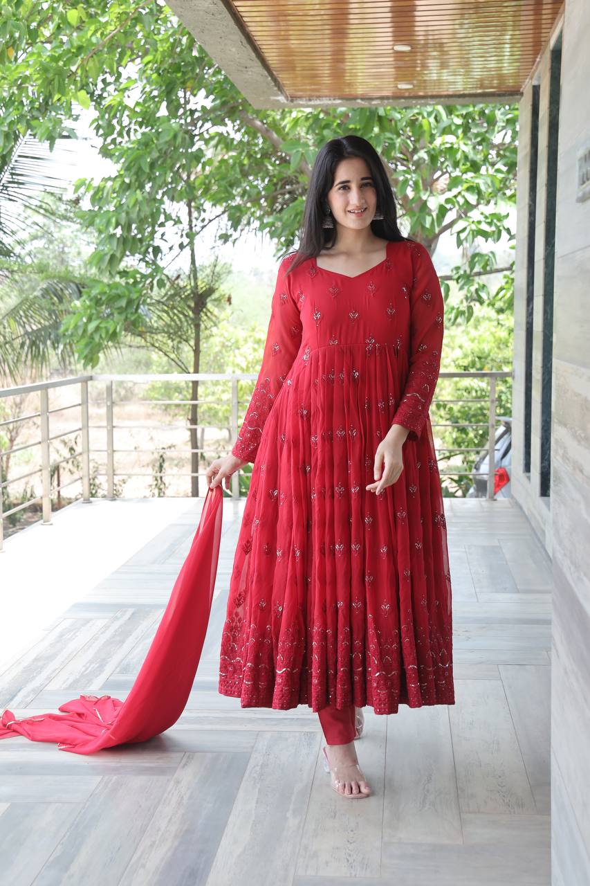 Maroon Georgette Sequins Embroidered Anarkali Suit Set with Dupatta