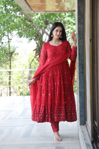 Maroon Georgette Sequins Embroidered Anarkali Suit Set with Dupatta