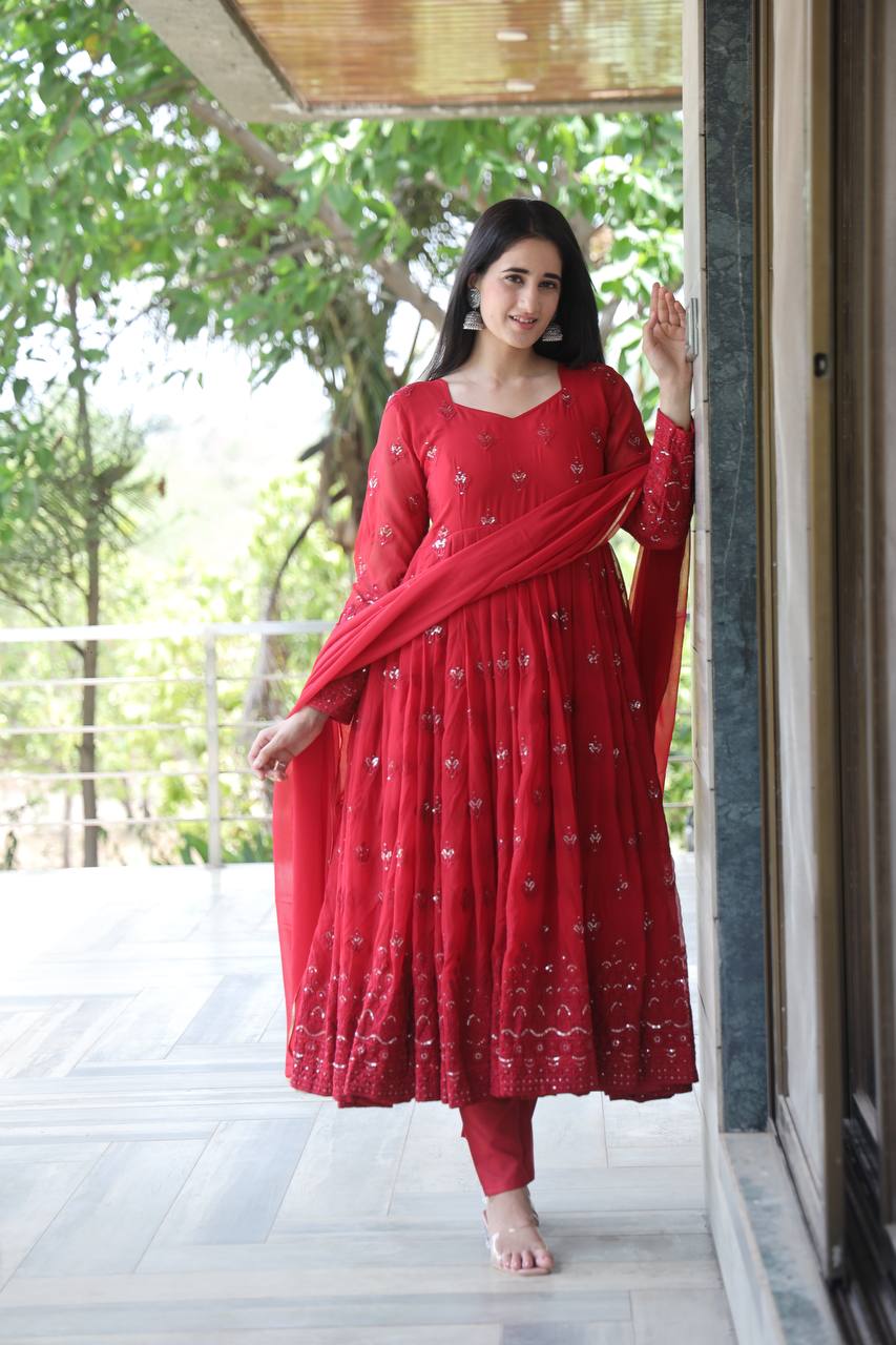 Maroon Georgette Sequins Embroidered Anarkali Suit Set with Dupatta
