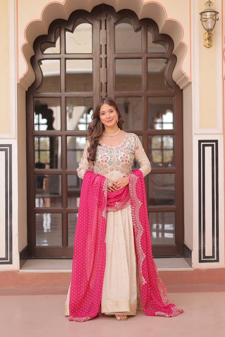 Premium Embroidered Gown with Bandhani Dupatta | Party Wear Outfit
