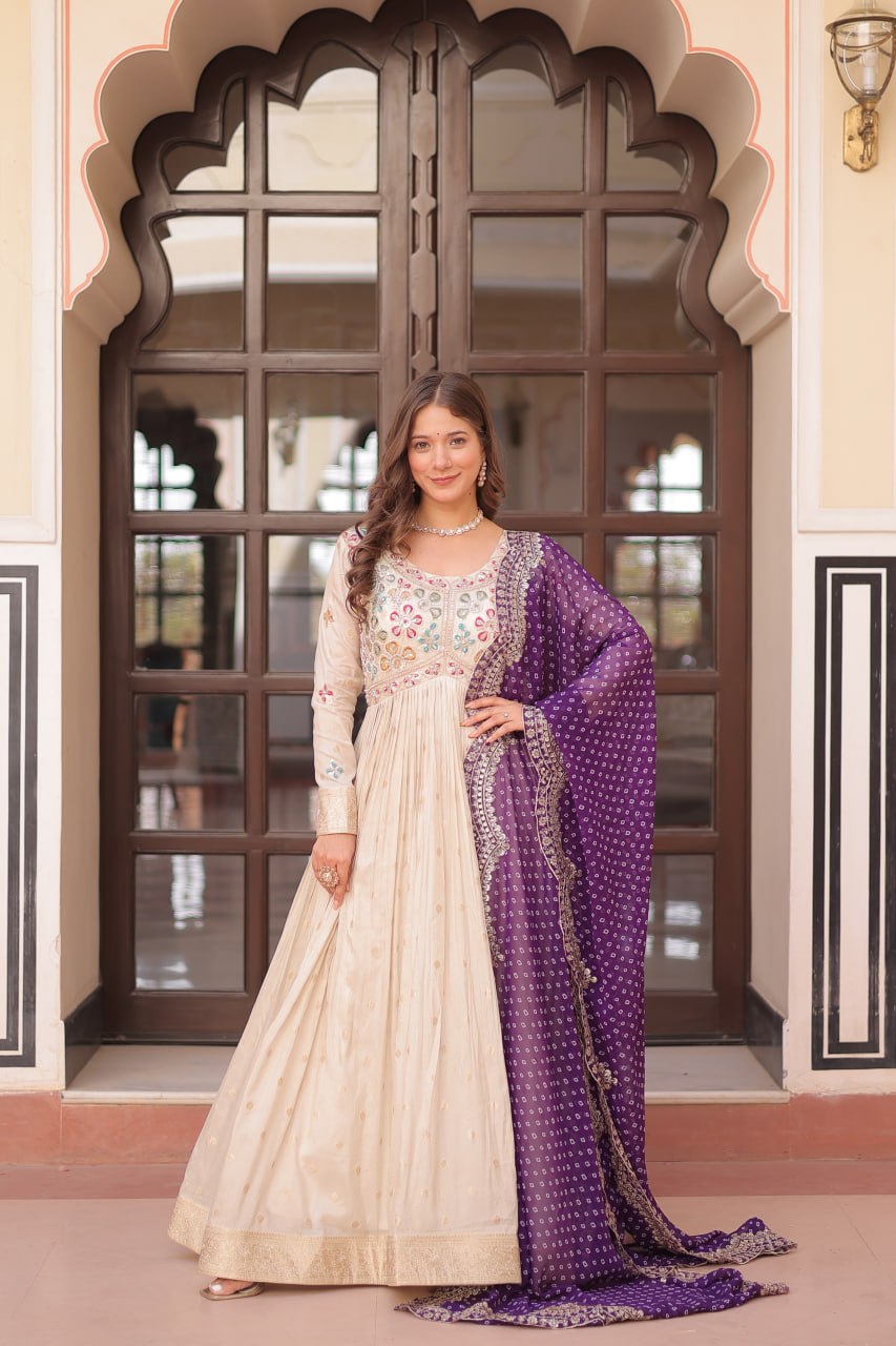 Premium Embroidered Gown with Bandhani Dupatta | Party Wear Outfit