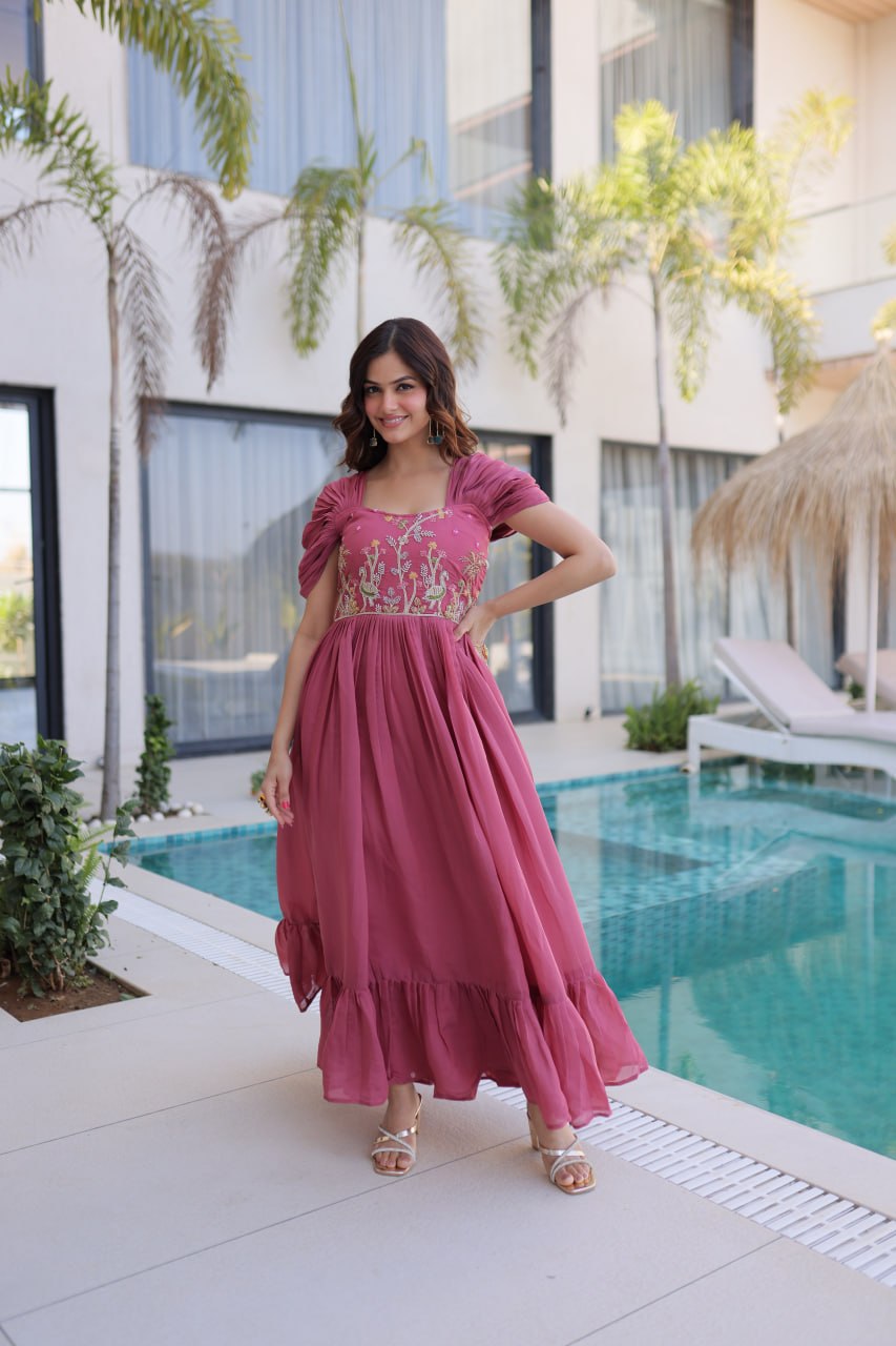 Premium Mal Chanderi Embroidered Party Wear Gown for Women