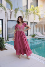 Premium Mal Chanderi Embroidered Party Wear Gown for Women