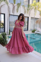 Premium Mal Chanderi Embroidered Party Wear Gown for Women