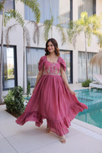 Premium Mal Chanderi Embroidered Party Wear Gown for Women