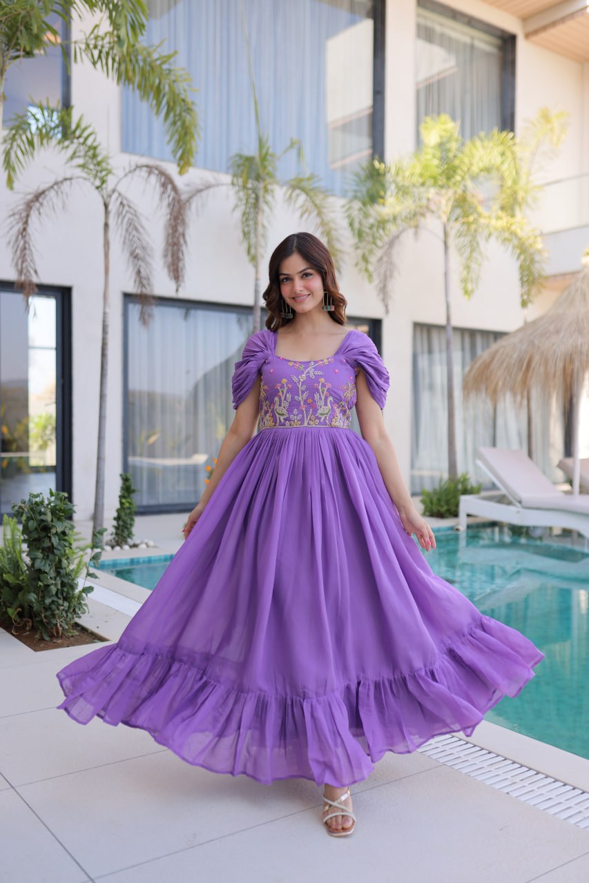 Premium Mal Chanderi Embroidered Party Wear Gown for Women