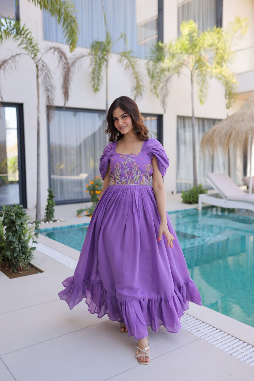 Premium Mal Chanderi Embroidered Party Wear Gown for Women