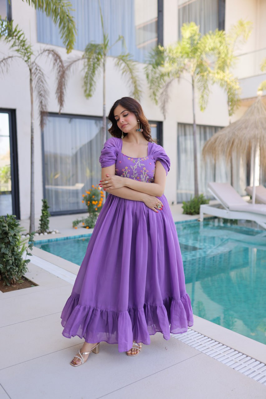 Premium Mal Chanderi Embroidered Party Wear Gown for Women