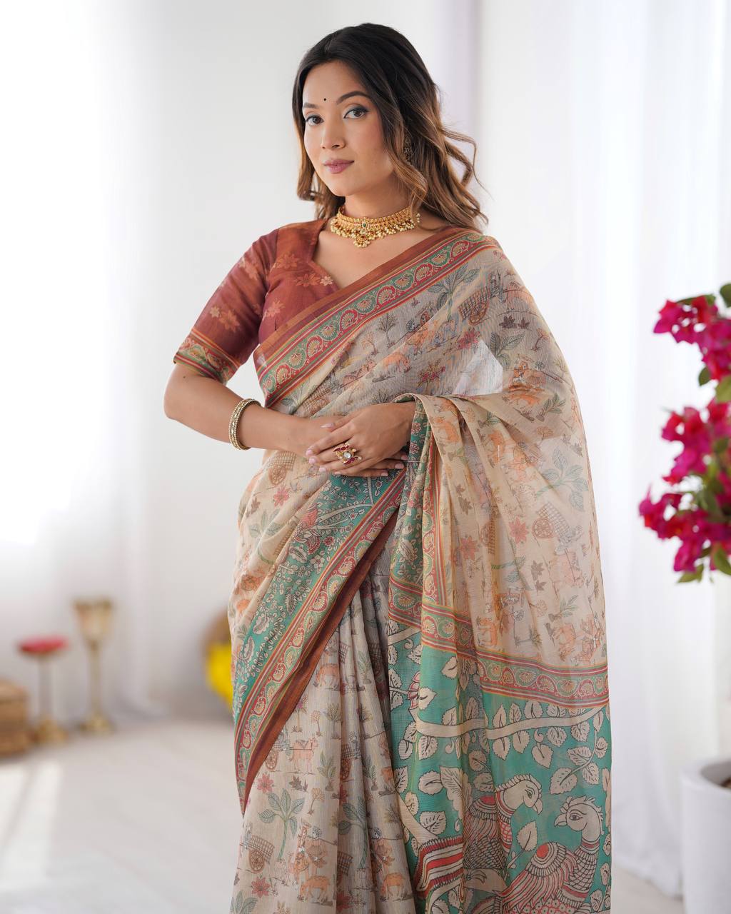 Premium Linen Cotton Forest & Peacock Digital Print Saree with Matching Blouse