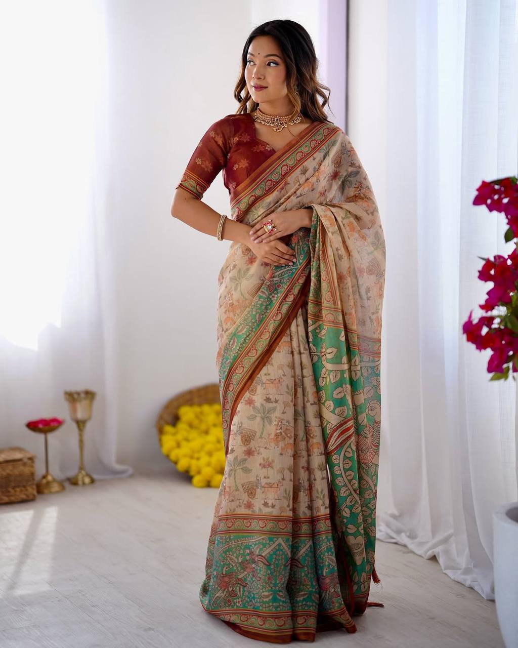 Premium Linen Cotton Forest & Peacock Digital Print Saree with Matching Blouse