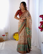 Premium Linen Cotton Forest & Peacock Digital Print Saree with Matching Blouse