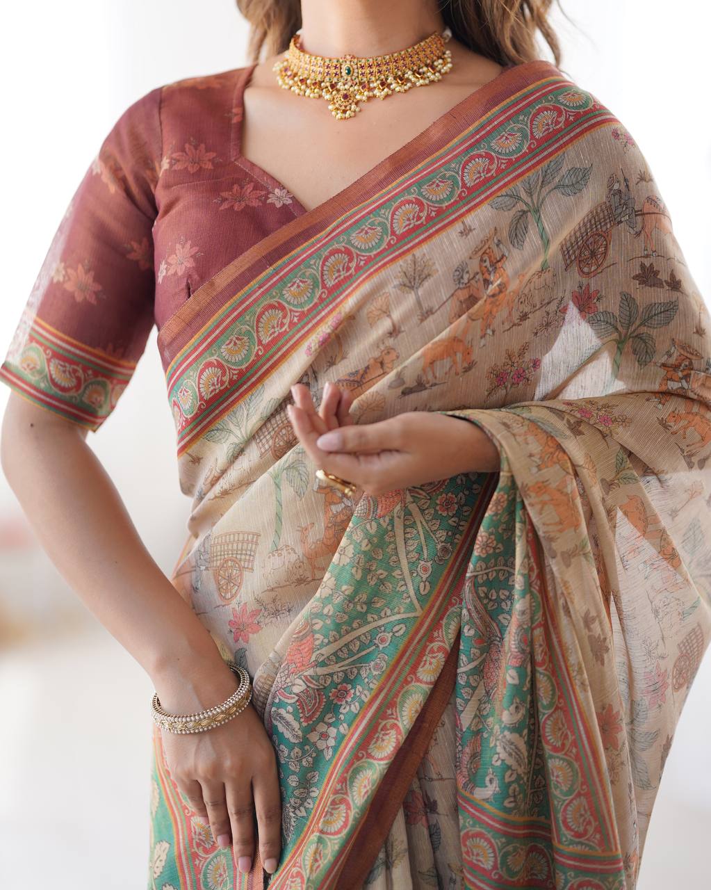 Premium Linen Cotton Forest & Peacock Digital Print Saree with Matching Blouse