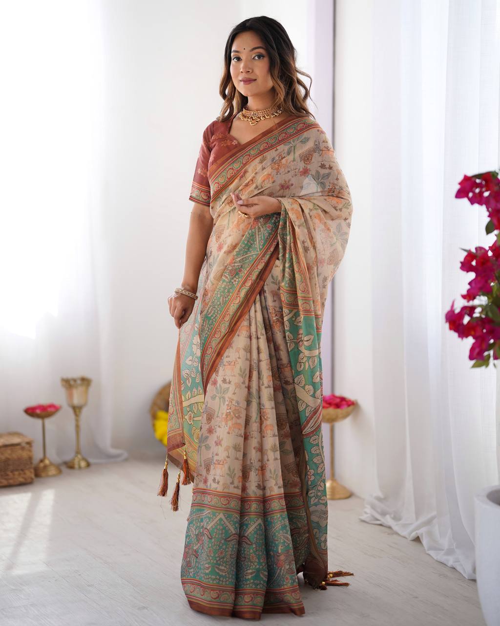 Premium Linen Cotton Forest & Peacock Digital Print Saree with Matching Blouse