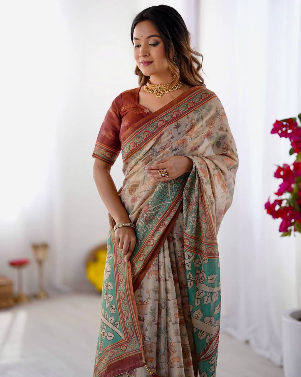 Premium Linen Cotton Forest & Peacock Digital Print Saree with Matching Blouse