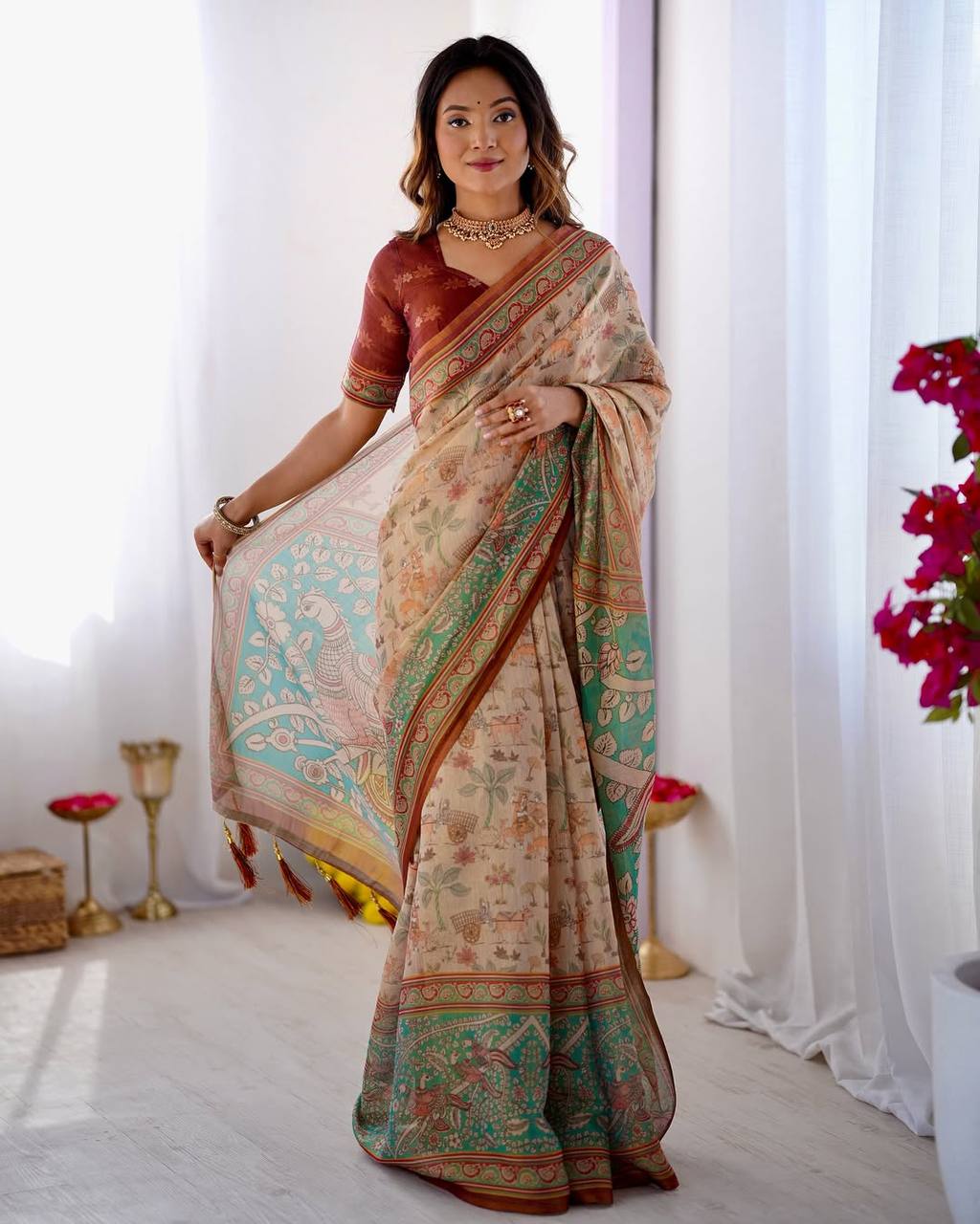Premium Linen Cotton Forest & Peacock Digital Print Saree with Matching Blouse