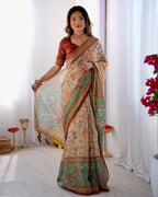 Premium Linen Cotton Forest & Peacock Digital Print Saree with Matching Blouse