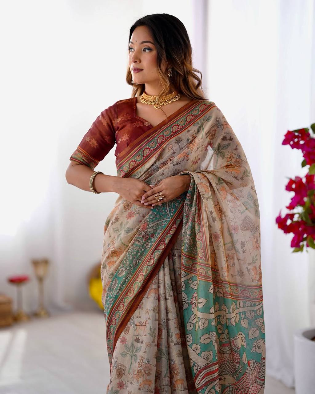 Premium Linen Cotton Forest & Peacock Digital Print Saree with Matching Blouse