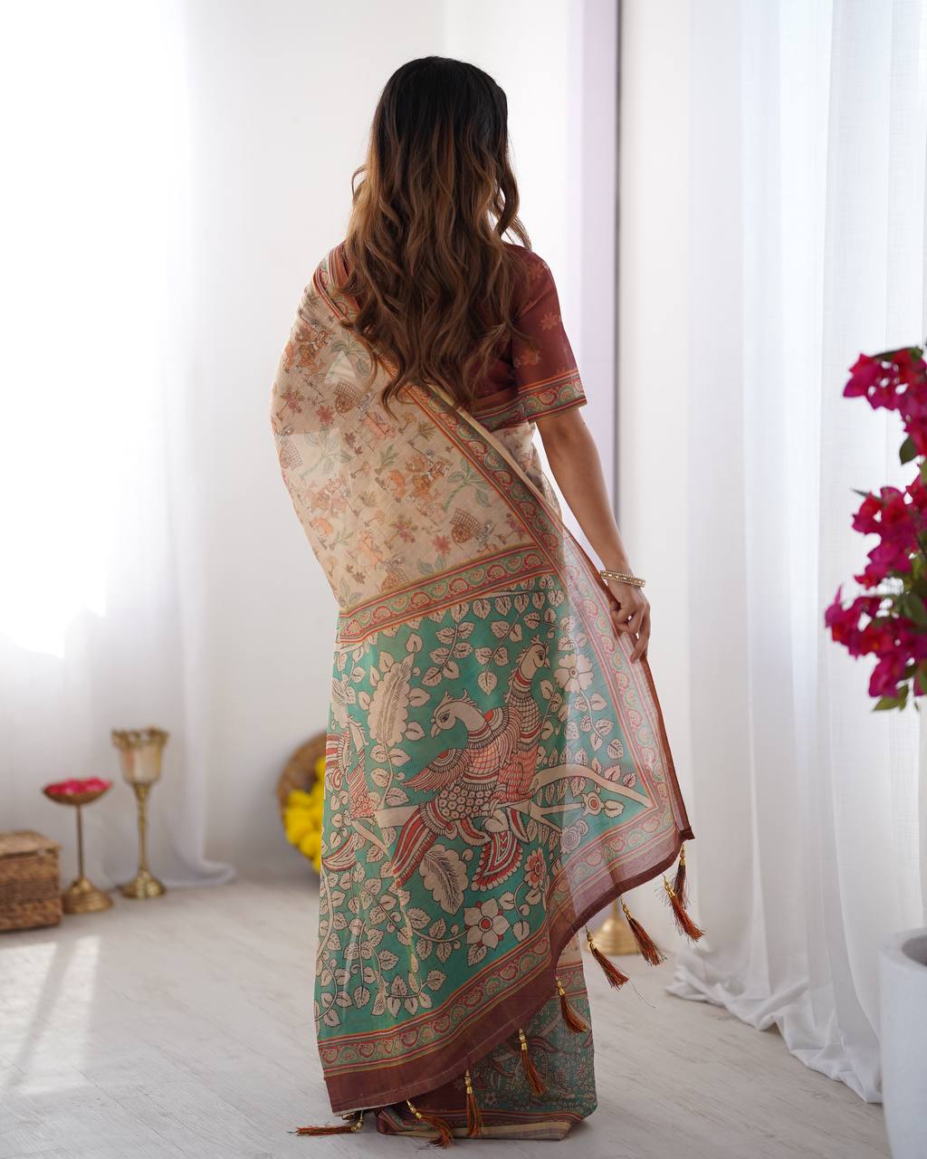 Premium Linen Cotton Forest & Peacock Digital Print Saree with Matching Blouse