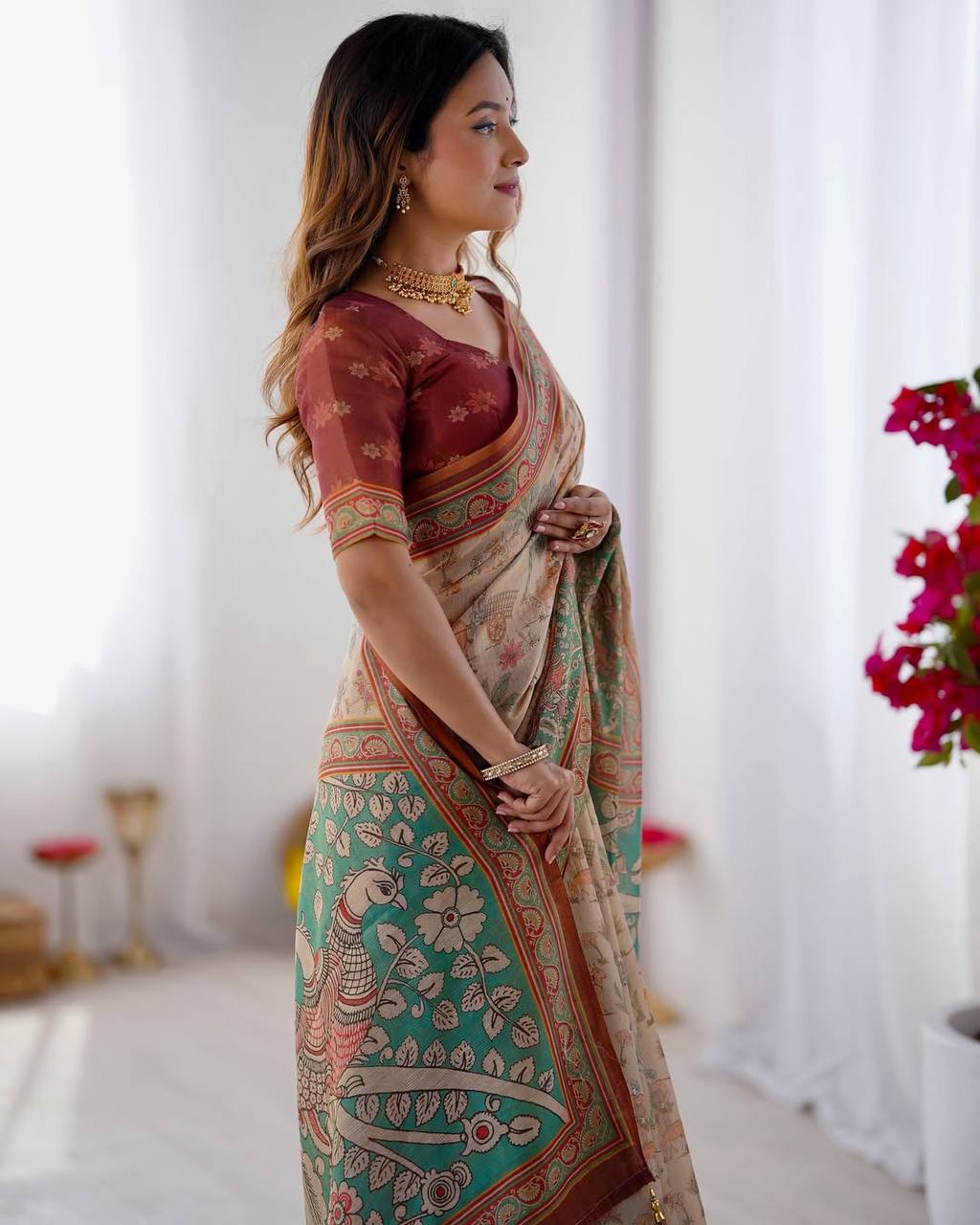 Premium Linen Cotton Forest & Peacock Digital Print Saree with Matching Blouse