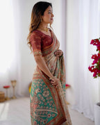 Premium Linen Cotton Forest & Peacock Digital Print Saree with Matching Blouse