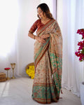 Premium Linen Cotton Forest & Peacock Digital Print Saree with Matching Blouse