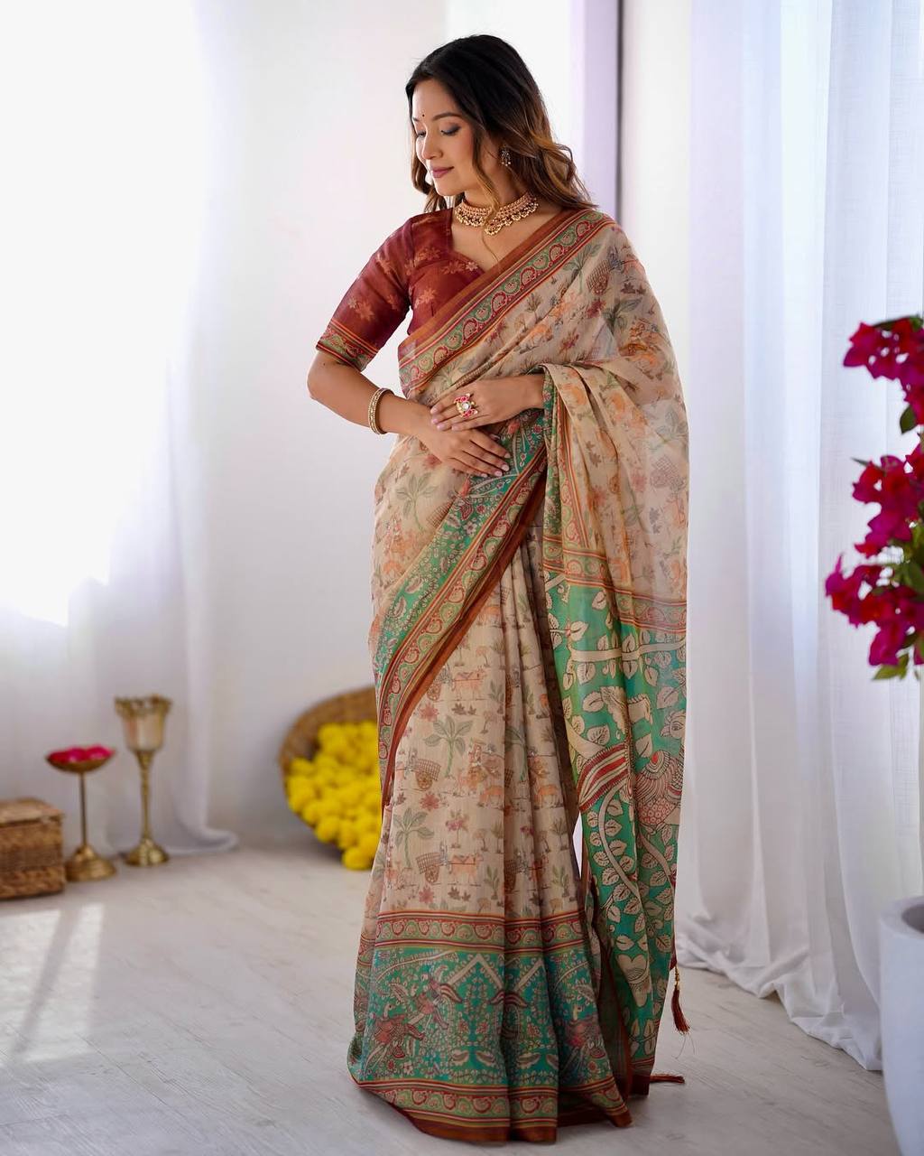 Premium Linen Cotton Forest & Peacock Digital Print Saree with Matching Blouse