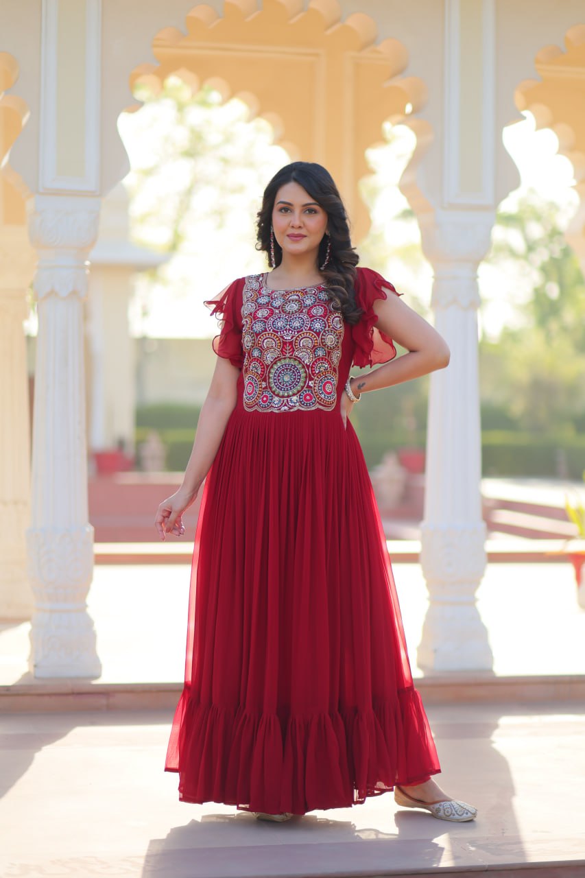 Premium Designer Multithread Embroidered Flared Gown