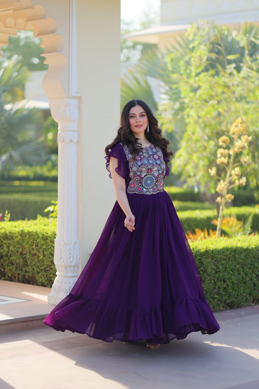 Premium Designer Multithread Embroidered Flared Gown
