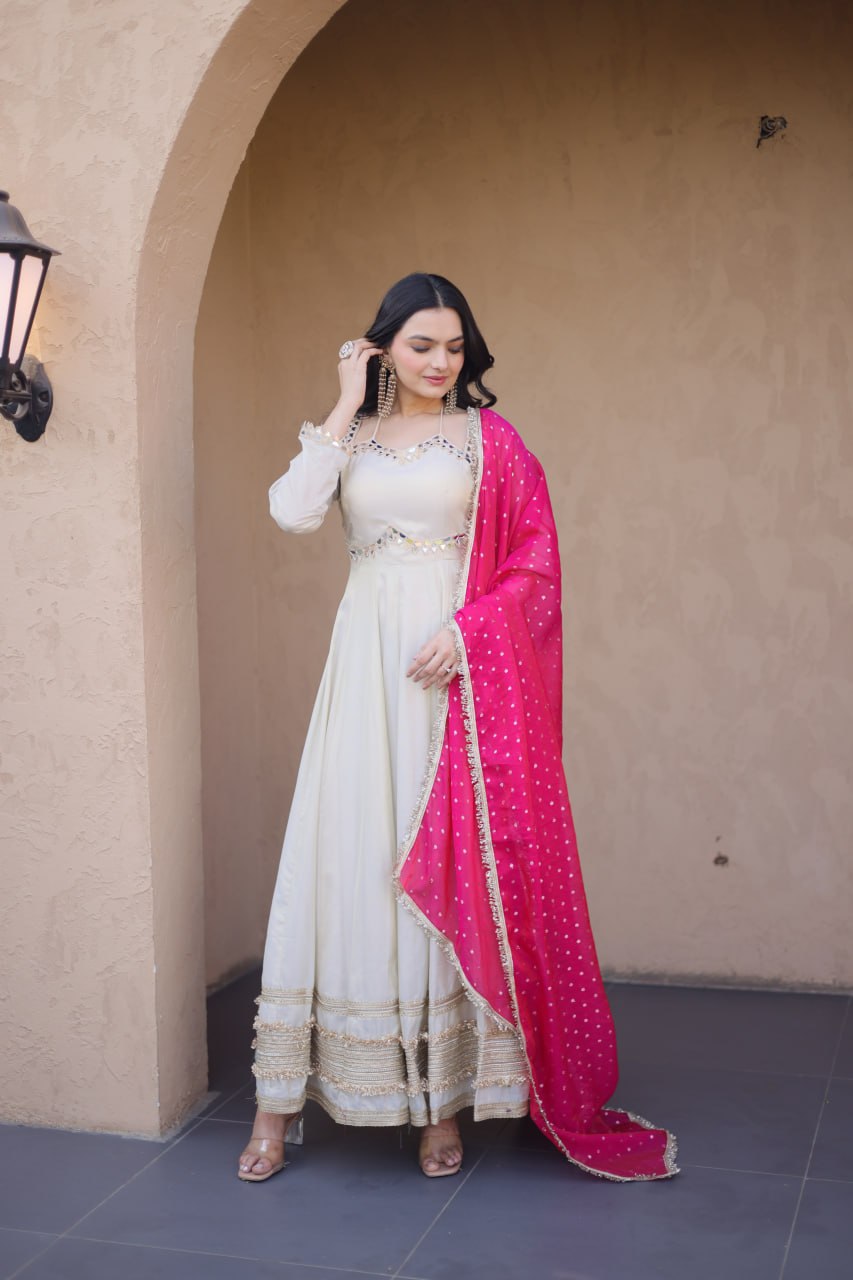 Premium Designer Mirror Work Anarkali Gown with Dupatta for Women