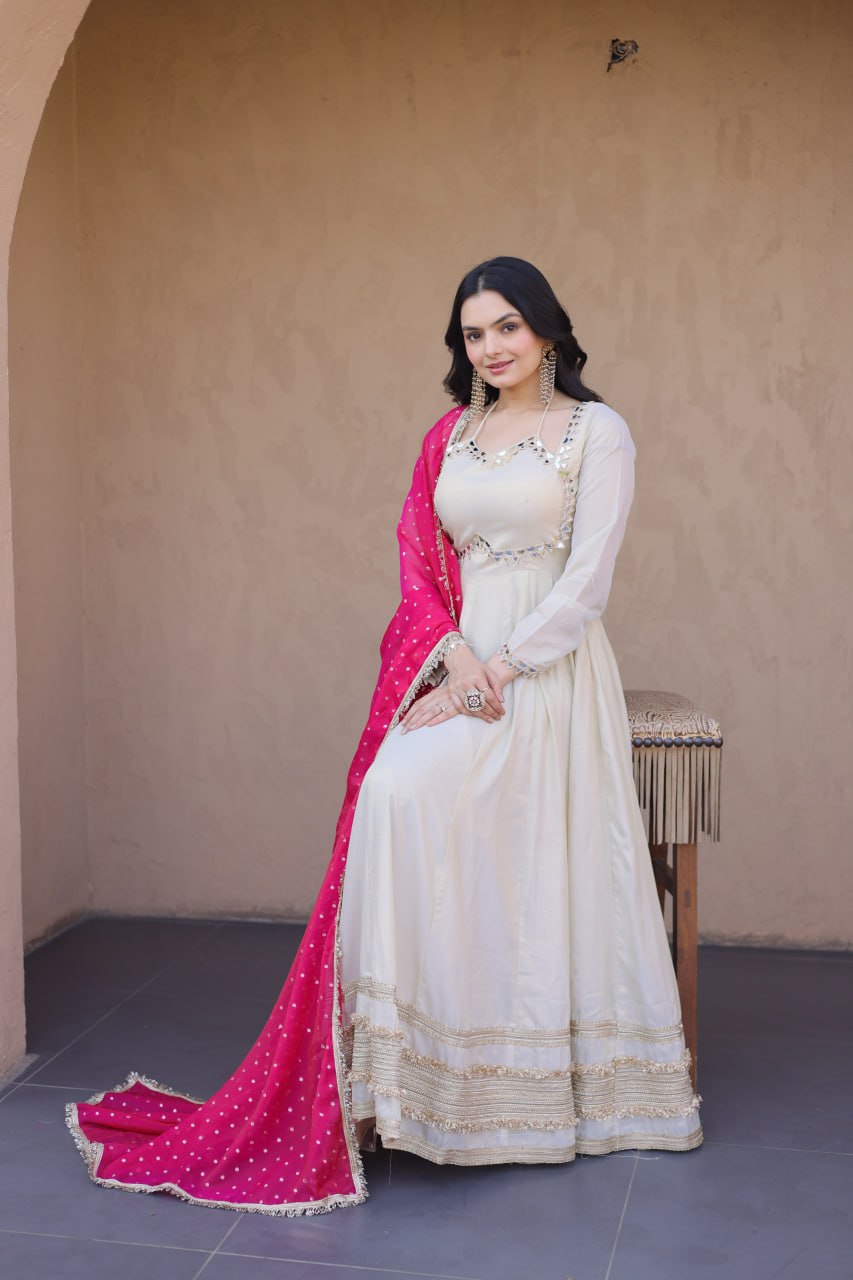 Premium Designer Mirror Work Anarkali Gown with Dupatta for Women