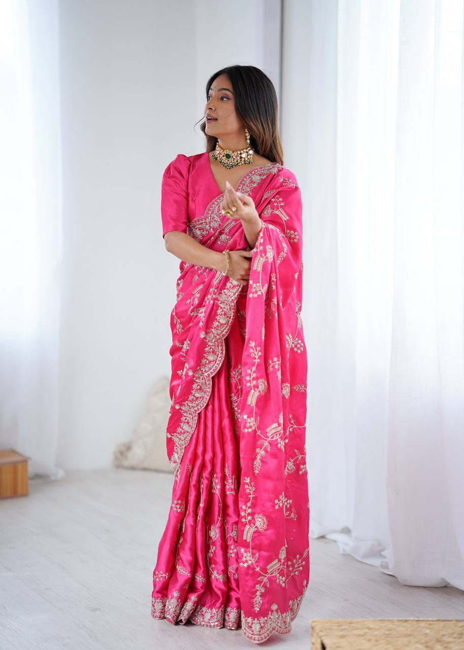 Premium Coding Sequins Embroidered Satin Silk Saree
