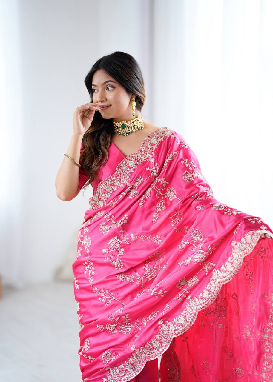 Premium Coding Sequins Embroidered Satin Silk Saree